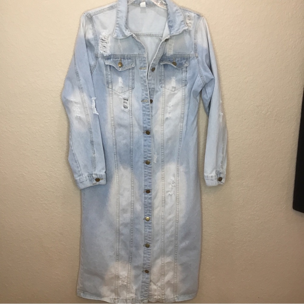 Long Distressed L Light Wash Denim Jacket STAIN Button Front Duster Shirt Dress